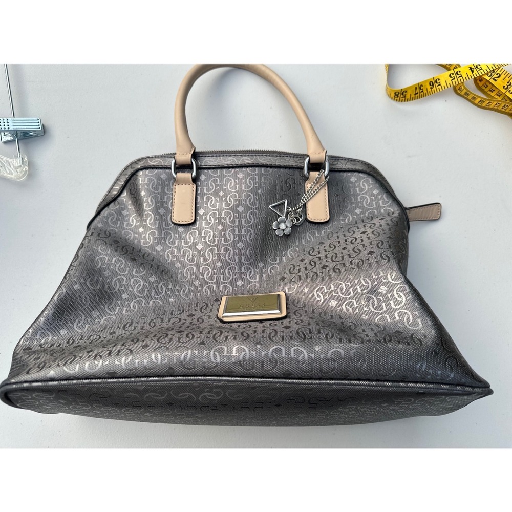 Guess Satchel Handbag Metallic Pewter Logo Embossed Tan Handles Leopard Lining - Picture 1 of 12